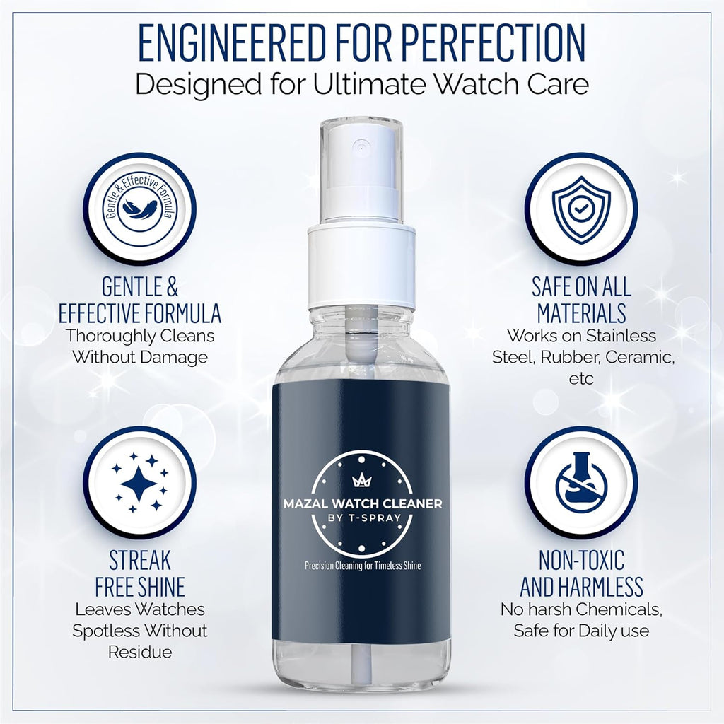 Mazal Watch and Jewelry Cleaner Spray kit. Cleaning Solution -Safe on All Metals, Crystals, Gold, Platinum, Precious Gemstones, Diamond Jewelry- Quick, Long Lasting Shine- TSA Approved 2oz