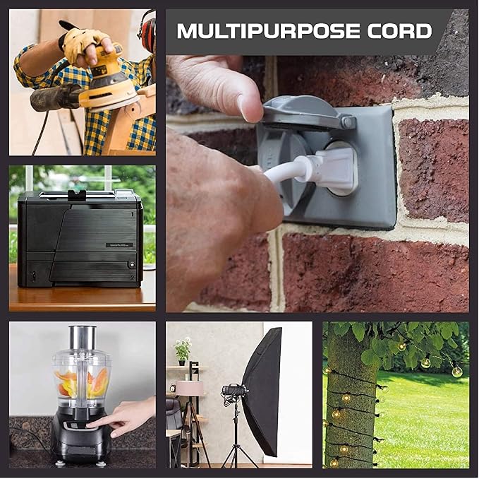 Iron Forge Cable Weatherproof 10 Ft Outdoor Extension Cord - 14/3 SJTW Heavy Duty White Extension Cord 3 Prong - 15 Amp Exterior Power Cable