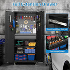 71"H Garage Storage Cabinet with Wheels, Drawer, Pegboard and 16 Hooks, Metal Storage Cabinet with Locking Doors and 2 Adjustable Shelves for Garage, Warehouse, Home, Black, Assembly Required