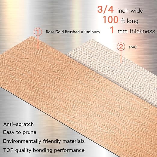 GSCIT Club Rose Gold Edge Banding, 3/4 Inch x 100ft Aluminum Brushed Edge Banding PVC Edge Trim for Cabinet Repair Furniture