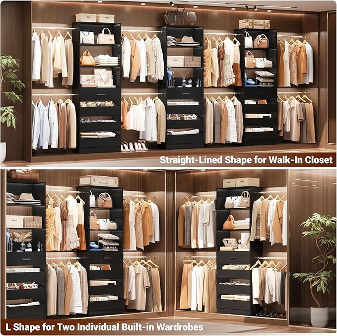 Aheaplus Closet System Set of 2, 4-9Ft Wood Closet Organizer with Drawers & Shelves, Closet Organizer System with 8 Hanging Rods, Walk-in Closets Organizer Wardrobe Closet Rack, Black1