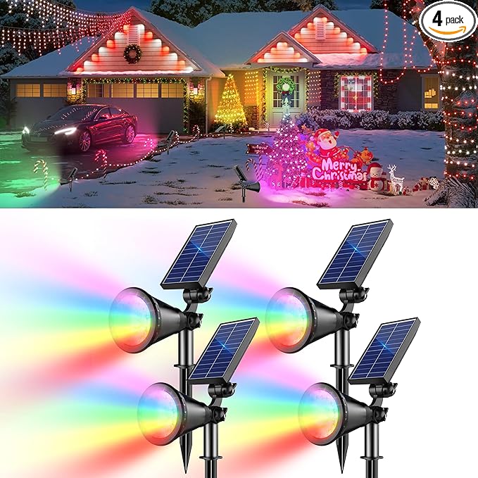 RGB Halloween Solar Lights Outdoor, 2 Modes Solar Spotlights Outdoor Waterproof, Adjustable Solar Color Changing Lights for Yard Garden Holiday Christmas Decorations- 4 Pack (Multicolor)