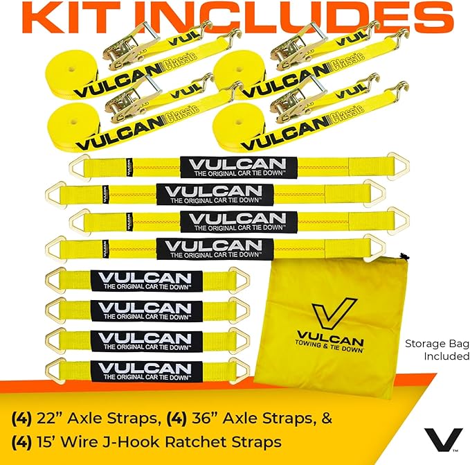 VULCAN Complete Axle Strap Tie Down Kit with Wire Hook Ratchet Straps - Classic Yellow - Includes (4) 22 Inch and (4) 36 Inch Axle Straps, and (4) 15' Wire J Hook Ratchet Straps