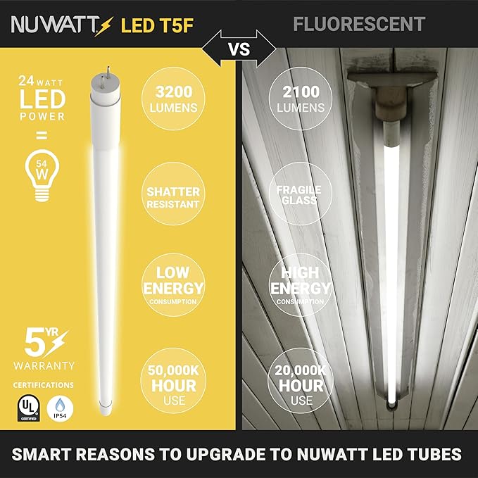 NUWATT 30 Pack, 4FT T5 LED Tube Lights, Type A&B, Hybrid T5 Bulbs 4000K Cool White, High Output 3200LM, 24W, Plug & Play or Ballast Bypass, Dual-Ended Power, Fluorescent Tube Replacement, UL, G5 Base
