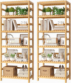 FOTOSOK 6-Tier Bamboo Shelf Set of 2, Bamboo Bookcase with Adjustable Shelves, Free Standing Storage Shelf Unit and Plant Flower Stand, Tall Large Bookshelf for Kitchen, Bathroom, Home Office, Natural