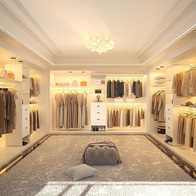 Armocity 120 Inches Closet System, 10FT Walk In Closet Organizer with 3 Shelving Towers, Heavy Duty Clothes Rack with 3 Drawers, Built-In Garment Rack, 120" L x 16" W x 75" H, Max Load 1300 LBS, White