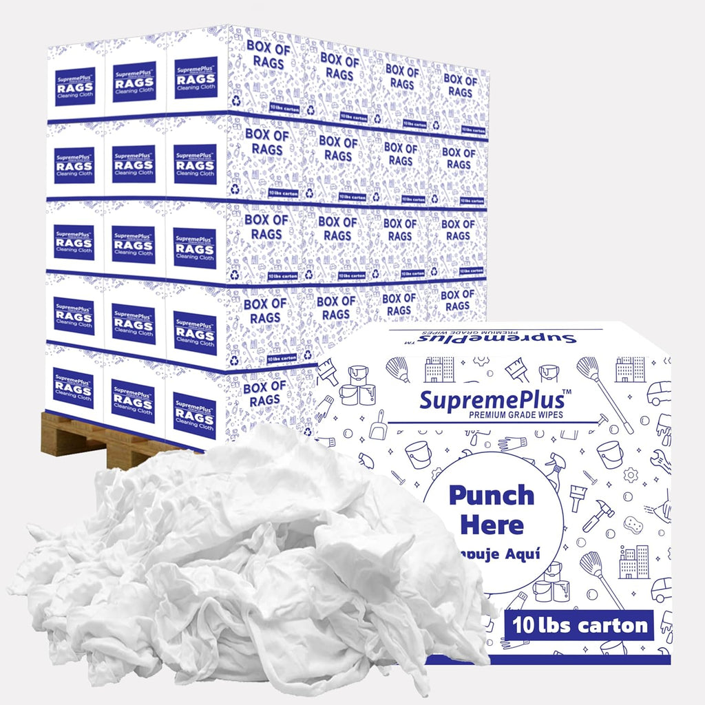 Premium White Knit (600 lbs. Pallet - 60x10 lbs. Box of Rags) Cotton T-Shirt Cloth Wiping Rags - Shop Cleaning Tshirt Cloths, Staining & Finishing Rag for Auto, Grease, Paint & Wood