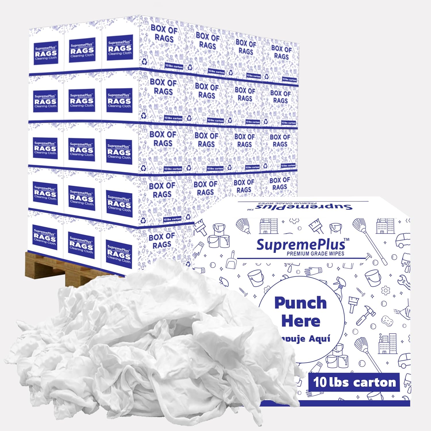 Premium White Knit (600 lbs. Pallet - 60x10 lbs. Box of Rags) Cotton T-Shirt Cloth Wiping Rags - Shop Cleaning Tshirt Cloths, Staining & Finishing Rag for Auto, Grease, Paint & Wood