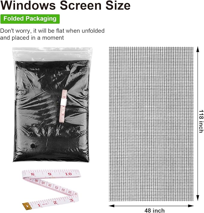 Replacement Window Screens, 48X118 Inch Durable Window Screen Mesh for Patio Porch Door Windows, DIY Adjustable Fiberglass Screen Repair Kit Sliding Net Roll Pet, Black by Ouskr