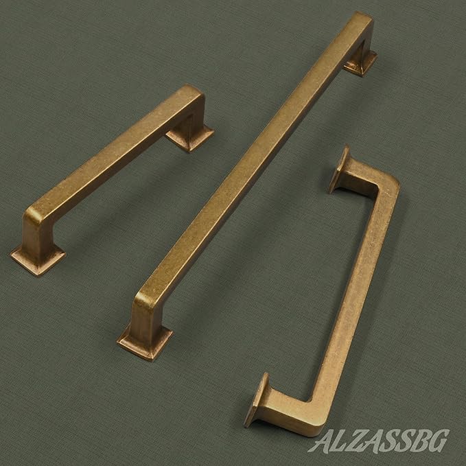 Alzassbg 6 Pack Antique Brass Cabinet Pulls, 10 Inch(256mm) Hole Centers Cabinet Handles Square Kitchen Hardware for Cabinets AL3046AE