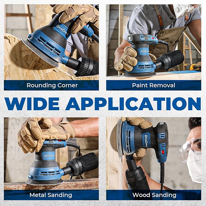 Dong Cheng 5-Inch Random Orbital Sander 3 Amp 12000OPM, 6 Variable Speeds, with 10pcs Sandpaper & Detachable Dust Bag, Sanding for Woodworking, Refinish Furniture & Remove Varnish