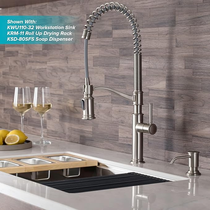 KRAUS Sellette Commercial Style Spot Free Stainless Steel Single Handle Pull-Down Kitchen Faucet with Deck Plate and Soap Dispenser, KPF-1683SFS-KSD-80SFS
