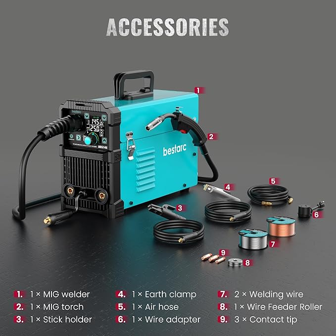 bestarc 145Amp MIG Welder, 110V 220V Flux Core MIG/Lift TIG/Stick 4 in 1 Welder Machine, Large LED Display Welding Machine, IGBT Inverter bestarc Welder MIG145 Soild Gasless Synergy MIG Welder