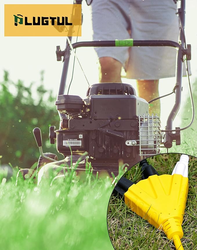 PLUGTUL 100FT Outdoor Extension Cord with Multiple Outlets, 14 Gauge, 3-Outlet, SJTW, 15A 14AWG 1875W SJTW, ETL Listed - Great for Garage, Garden and Home, Yellow