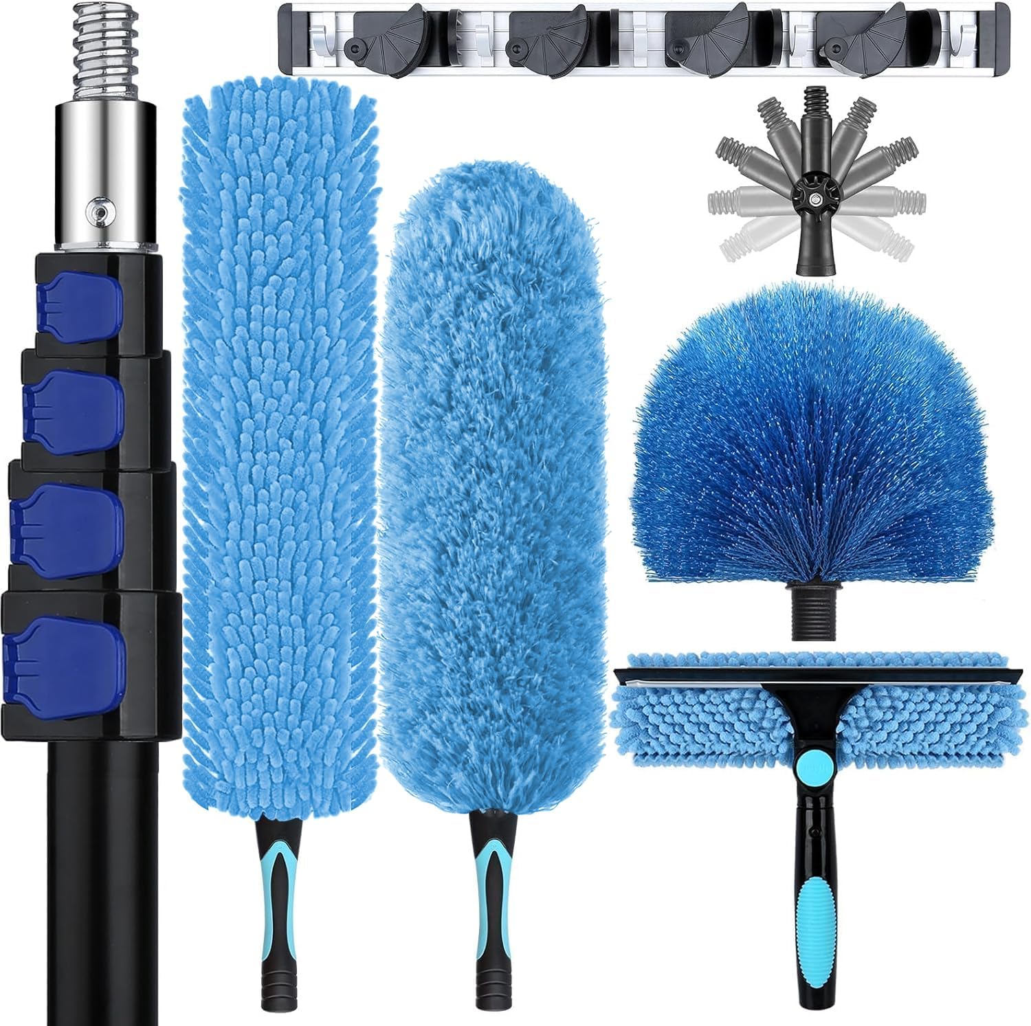 25ft High Ceiling Duster Kits with 5-18ft Heavy Duty Extension Pole - Fan Blade Cleaner, Cobweb Remover & Blue Window Squeegee Kit, Washable Dust Brush for High Roof and Glass Surfaces