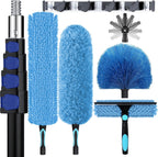 36ft High Ceiling Duster Kits with 5-30ft Heavy Duty Extension Pole - Fan Blade Cleaner, Cobweb Remover & Blue Window Squeegee Kit, Washable Dust Brush for High Roof and Glass Surfaces