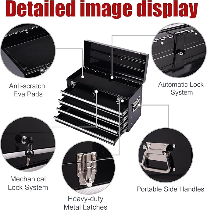 4 Drawers Metal Tool Box, 21" Portable Steel Tool Chest w/Key Lock & Latch Closure, Multi-Function Top Storage Tray Toolbox w/Powder Coating & Ball Bearing Slides for Garage & Workshop(Black)