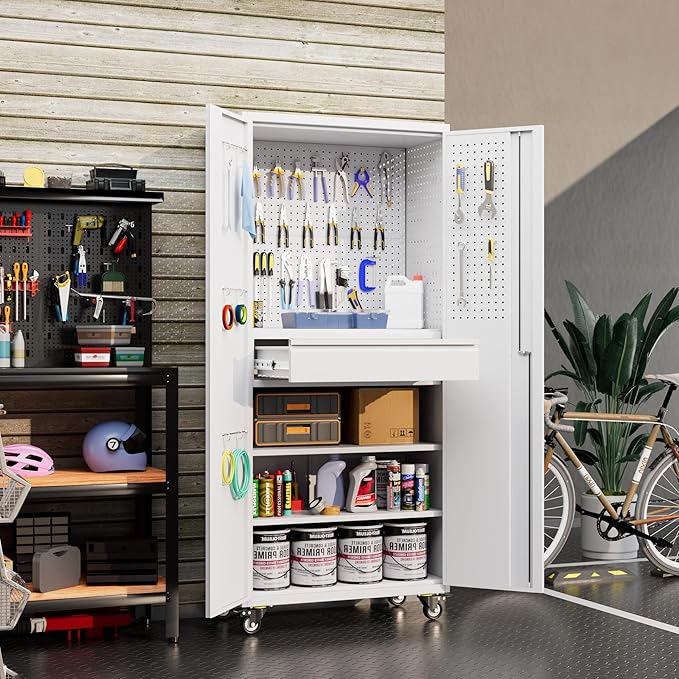 71" H Garage Storage Cabinet with Wheels, Drawer, Pegboard and 16 Hooks, Metal Tool Storage Cabinet with Locking Doors and 2 Adjustable Shelves for Garage, Warehouse, Home, White