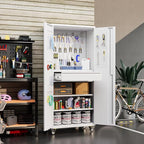 71" H Garage Storage Cabinet with Wheels, Drawer, Pegboard and 16 Hooks, Metal Tool Storage Cabinet with Locking Doors and 2 Adjustable Shelves for Garage, Warehouse, Home, White