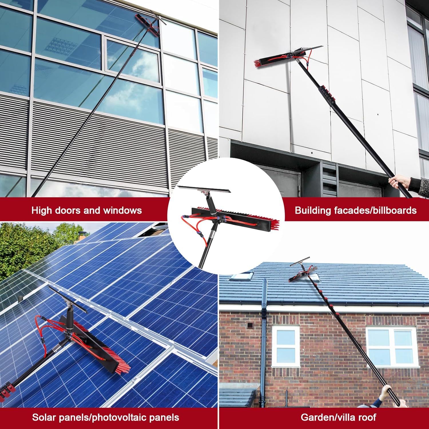 30FT Solar Panel Cleaning Brush & Squeegee Kit, Proffesional Window Washing Tool, 22in Wide Brush & 2 Dusting Brush, Water Fed Pole, Extendable Telescopic Pole for Roof Mounted Solar Panels