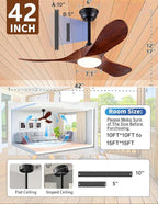 42 Inch Ceiling Fans with Lights and Remote, 3 Blades Outdoor Wood Propeller Ceiling Fans, Dimmable Quiet Noiseless DC Motor for Farmhouse, Living Room, Bedroom, Indoor, Walnut