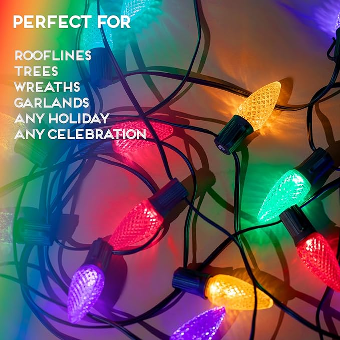 HLO Lighting Set of 500 C9 LED Christmas Lights | Multi-Colored (R, G, B, Y, P) C9 LED Light | Faceted Bulbs for Indoor & Outdoor Use | Christmas Outdoor Décoration