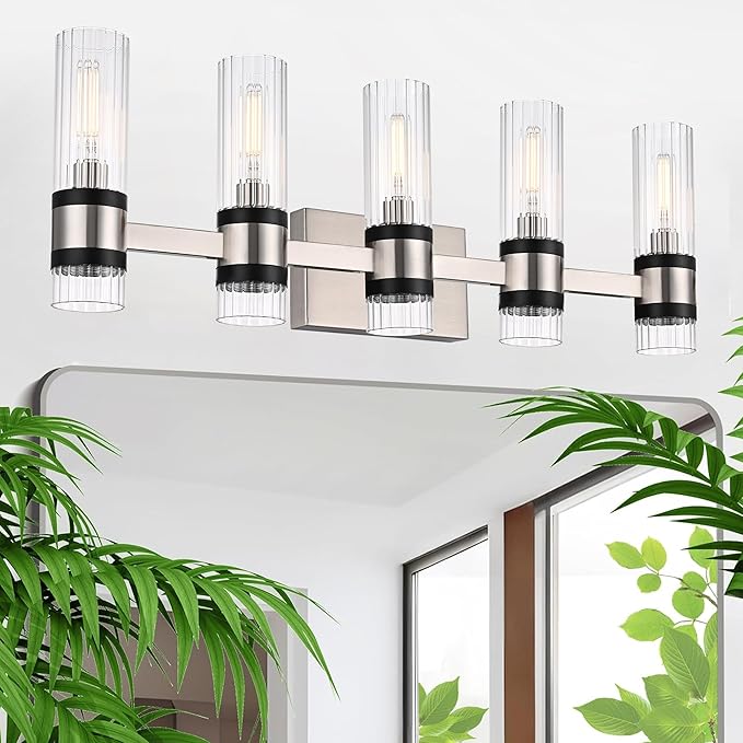 MELUCEE 5-Light Vanity Bathroom Lights, Modern Brushed Nickel Bathroom Light Fixtures Over Mirror with Ribbed Clear Glass Shade, Wall Mount Lamp for Bath Kitchen Bedroom Hallway, E12 Base