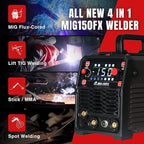 150A MIG Welder, 3-in-1 Synergic MIG Flux Core/MMA/TIG Welding Machine, 120V Portable IGBT Inverter with Large LED Display, 2T/4T/Spot Modes, Wire Feed 0.030"/0.035"
