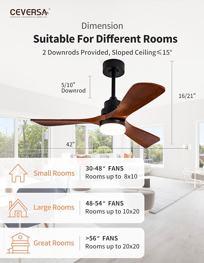42 Inch Wood Ceiling Fans with Lights and Remote,Outdoor Ceiling Fan for Patios with Dimmable Led Light,Walnut 3 Blades,Memory Modern Fan for Living Room,Office,Indoor