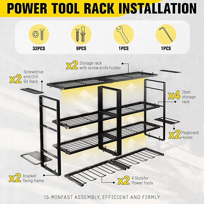 Power Tool Organizer Wall Mount - Storage Rack with 4 Drill Holders for Drills Cordless Tools. Heavy Duty Iron Garage Tool Organizer Storage for Workshop Shed (4 Slots 4 Layers 2 Pack)