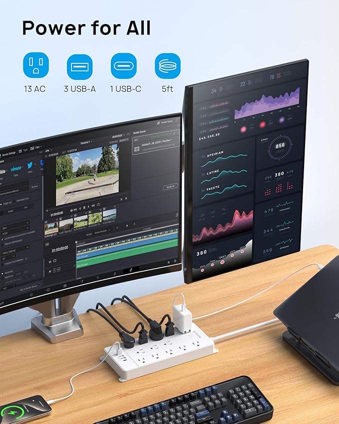 TROND Power Strip Surge Protector - White Extension Cord with USB Ports, 13 Widely-Spaced Outlets Expansion, 5ft, Flat Plug, Under Desk, Wall Mount, Heavy Duty, 4000 Joules, Office, Home, ETL Listed