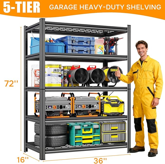72" H Heavy Duty Garage Shelving 5 Tier 2500 LBS Storage Shelves Adjustable Industrial Metal Wire Shelf Unit for Garage,Basement,Pantry,Warehouse,Commercial