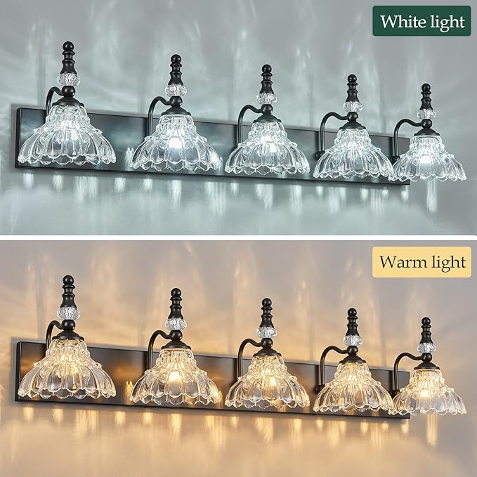 Vintage Bathroom Vanity Light, 5-Light Black Vanity Lighting Fixture with Flower Glass Shade, Bathroom Lighting Fixtures Over Mirror