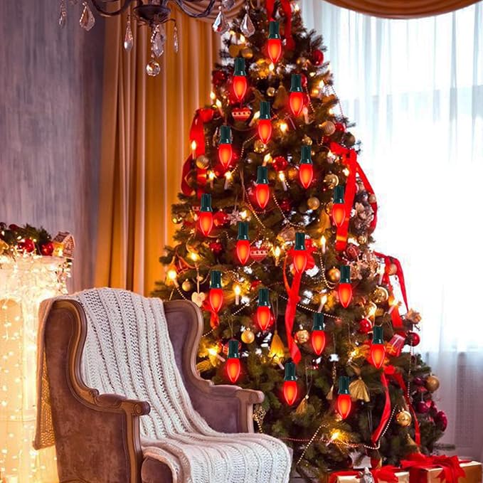 25 Pack C9 Ceramic Christmas Replacment Bulbs, Red Light Bulbs for E17 Candelabra Base Outdoor/Indoor Christmas String Lights, 7 Watt