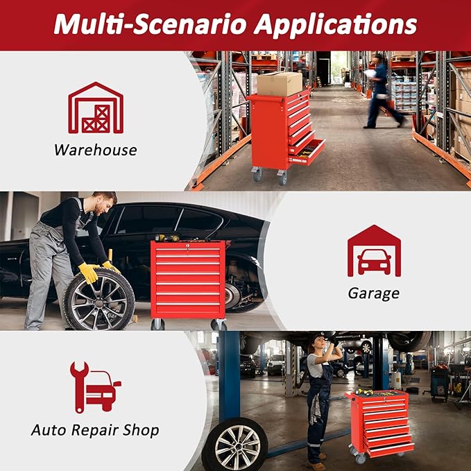 7 Drawers Rolling Tool Chest with Wheels, Portable Rolling Tool Boxes with Wheels, Tool Box Storage Cabinet with Locking System for Garage (RED, 7 Drawers)