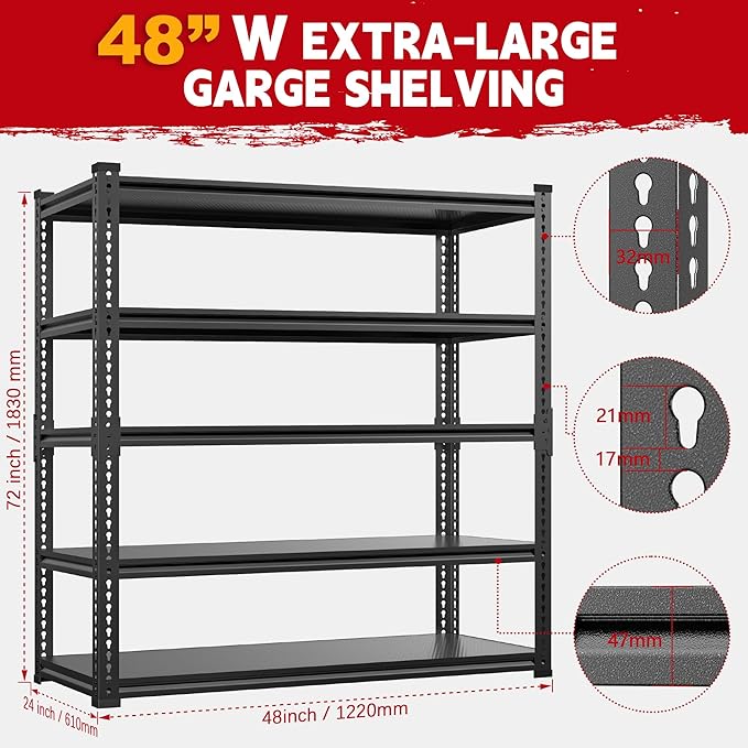 Heavy Duty Garage Shelving, 5-Tier Storage Rack 3000LBS Capacity 48" W x 72" H x 24" D, Adjustable Storage Shelves, Boltless Assembly Shelving Unit for Workshop, Basement & Garage Organizer