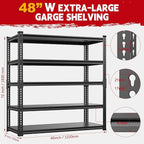 Heavy Duty Garage Shelving, 5-Tier Storage Rack 3000LBS Capacity 48" W x 72" H x 24" D, Adjustable Storage Shelves, Boltless Assembly Shelving Unit for Workshop, Basement & Garage Organizer
