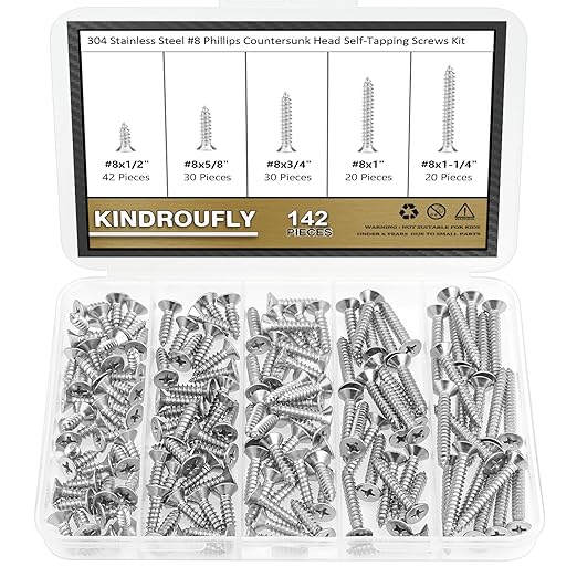 142 Pieces #8 x 1/2" 5/8" 3/4" 1" 1-1/4" Phillips Countersunk Head Self-Tapping Screws, Wood Screws Assortment Kit, 304 Stainless Steel
