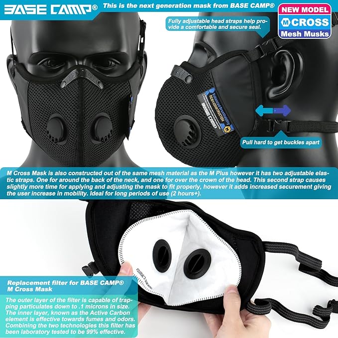 BASE CAMP M Cross Dust Mask, Reusable Breathable Comfortable Safety Face Mask for Work with Extra 6 Activated Carbon Filters