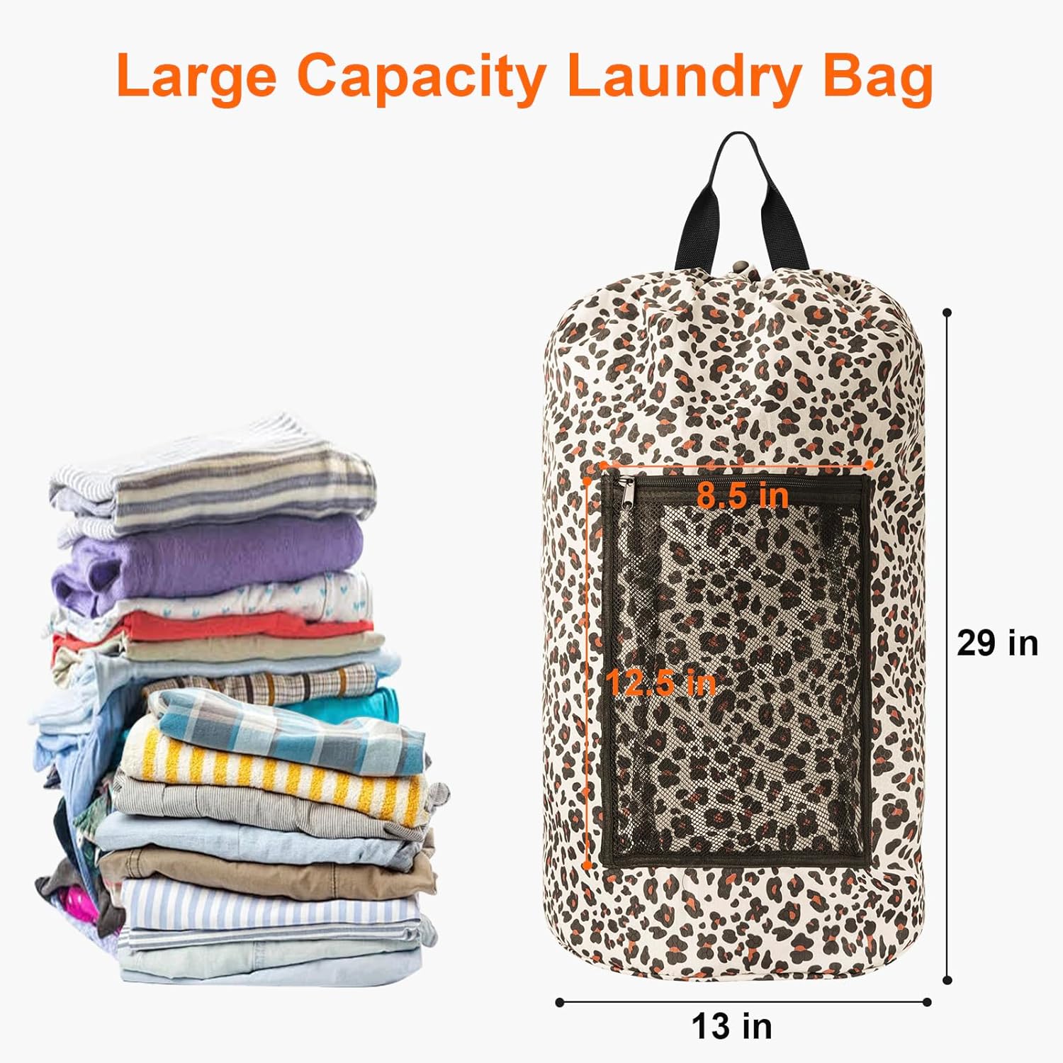 Laundry Bag Backpack Durable Laundry Bag with Shoulder Straps and Mesh Pockets Portable Laundry Dirty Clothes Hamper Bag for College Dorm (Leopard Print)