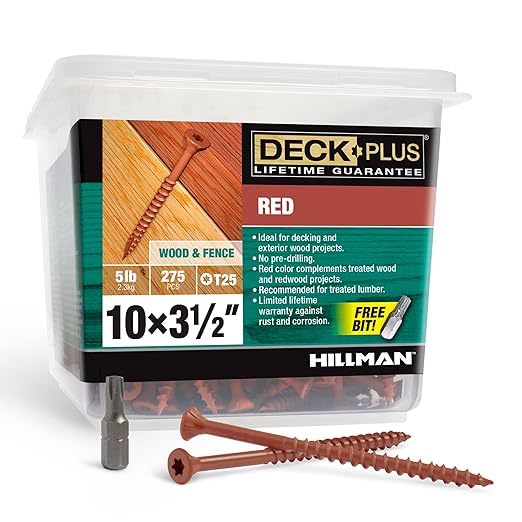 Deck Plus 3-1/2 Inch Epoxy Coated Exterior Wood and Fence Screws #10 x 3-1/2" Torx/Star Drive Included Coarse Thread, Outdoor Rust Resistant Decking Screw, Red, 5lb Box, 275 Pieces | 48436