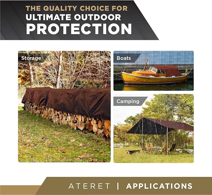 ATERET 30' x 40' Super Heavy Duty 16 Mil Brown Poly Tarp Cover - UV Resistant, Thick Waterproof, Rip and Tear Proof Tarpaulin with Grommets and Reinforced Edges