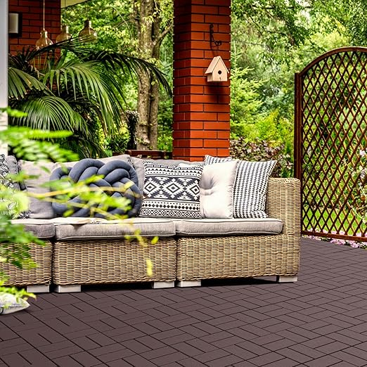 Goovilla Plastic Interlocking Deck Tiles, 36 Pack Outdoor Patio Flooring, 12"x12" Interlocking Decking Tile Outdoor All Weather Use, Waterproof Patio Pavers for Pool Balcony Backyard Porch, Dark Brown