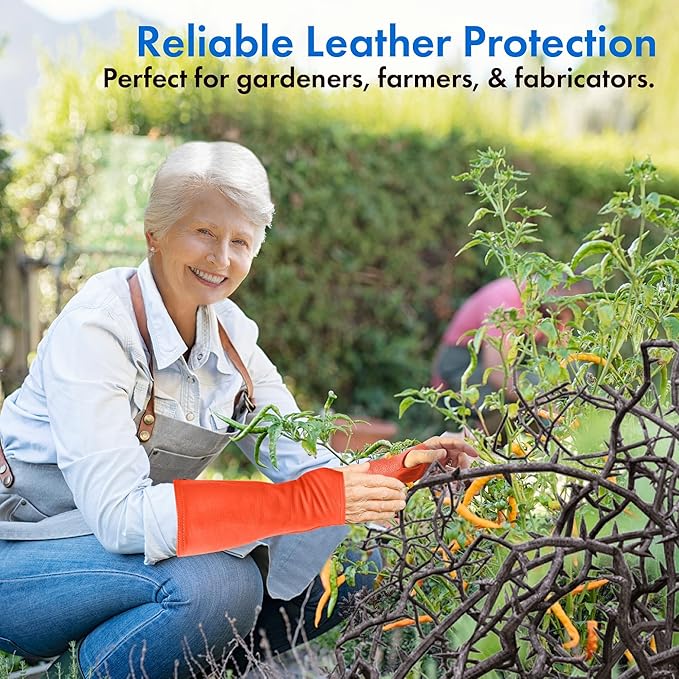 Arm Chaps Leather Protective Sleeves Arm Guard - Prevent Cuts, Scratches & Bruises - Genuine Cowhide - Ideal for Gardening & Construction - Left & Right Form-Fitting. Orange (1 Pair/X-Large).