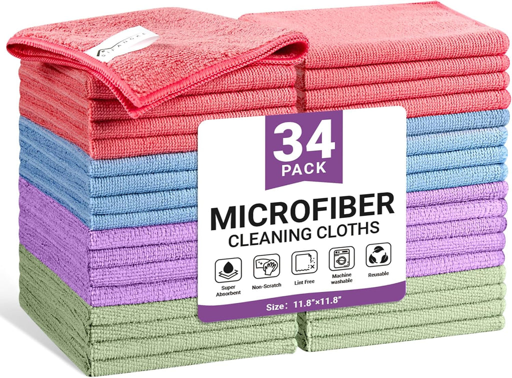 Microfiber Cleaning Cloth, 34 Pack Assorted Color Cleaning Rags for Housekeeping, Colorful Reusable Microfiber Towels for Car, Kitchen, Bathroom and Household Cleaning Supplies, 11.8"X11.8"