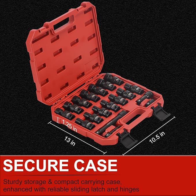 AOBEN 18 PCS 1/2" Drive Shallow Universal Impact Socket Set, Swivel Socket with Flexible Wobble, 6 Point, Metric,10-24mm,Cr-V Steel, Includes Extension Bars and Adapter