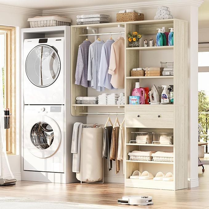 [10 FT Closet System] Reversible Set of 2 Wood Closet Organizer System with 2 Drawers, 4 Hanging Rods Adjustable Shelf, Walk In Closet Organizers with Shoe Rack, Garment Rack Clothes Rack, White Oak