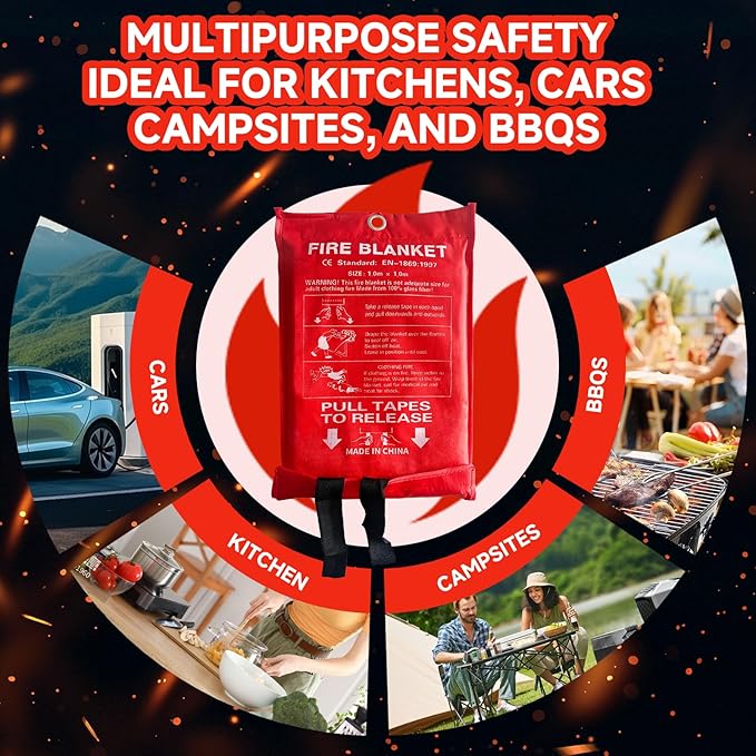 24 Packs Fire Blanket – 39.37x39.37 Inches, 1100℉ Heat Resistant, Emergency Fire Suppression Blanket for Kitchen, Home, Car, Camping – Easy to Use, Non-Toxic, Reusable, Compact & Lightweight