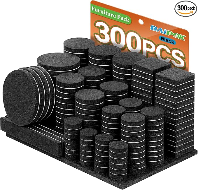 Furniture Pads 300 Pieces Felt Furniture Pads Premium Huge Pack, BAIPOK Self Adhesive Anti Scratch Floor Protectors for Desk Chair Legs and 60 Rubber Bumpers for Hardwood Tile Floor