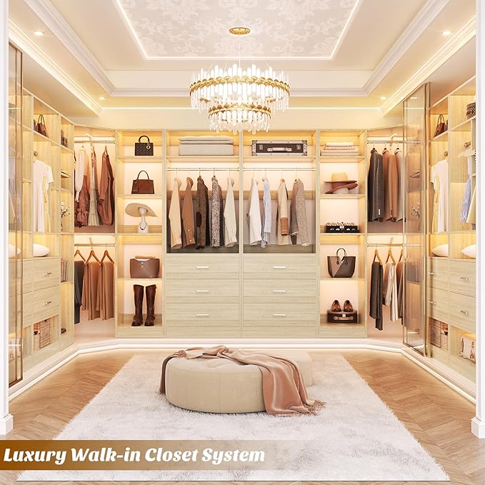 Corner Closet System with 5 Drawers, Closet Organizer System with 15+Shelvess & 4 Hanging Rods, 63.2"L * 63.2"W / 87.2"L * 39.2"W Reversible L Shaped Walk-in Closets, Load 2500+LBS, White Oak